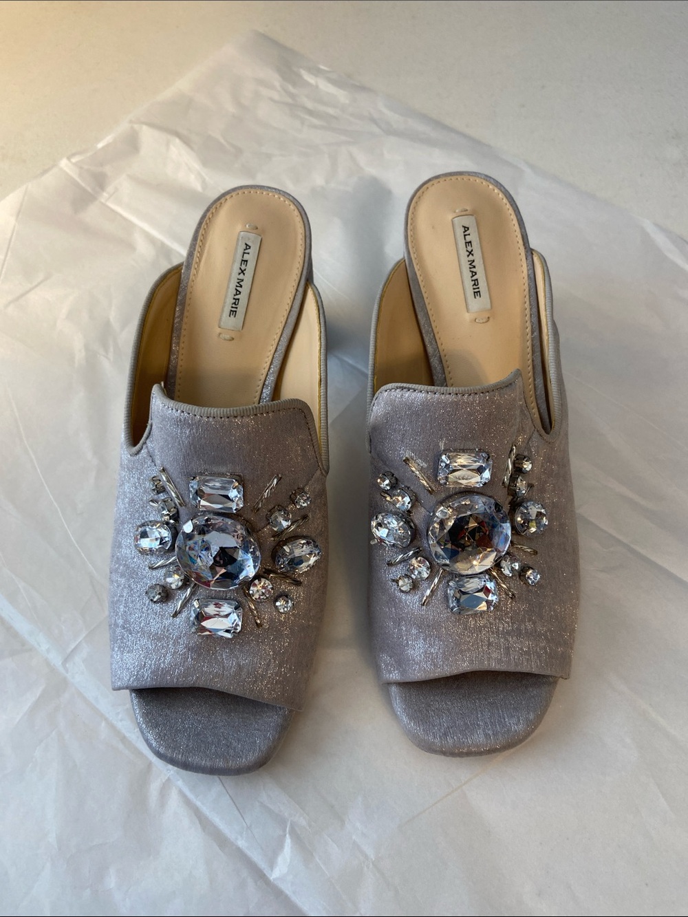 Alex Marie Silver Jeweled Open-Toe Mules
